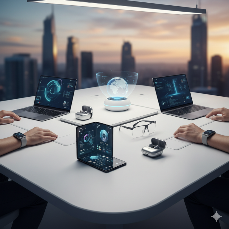 Future-ready tech gadgets 2025 on modern workspace desk